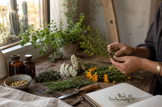 Herbalist sorting medicinal plants at an apothecary table for Herbalist Day