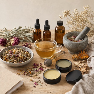 Herbal teas, tinctures, botanical oils, salves, and dried herbs featured in Desert Moon Botanicals classes.
