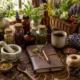 Herbal preparations, dried herbs, and botanicals arranged on a worktable
