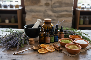 Mortar and pestle, amber bottles, dried herbs, and home apothecary tools