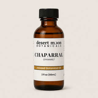 Desert Moon Botanicals Chaparral (Creosote) Infused Botanical Oil in a 2 oz amber bottle