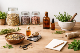 Herbs and apothecary tools for a beginner herbal medicine class.
