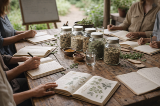 Students working with herbs during an herbal medicine class