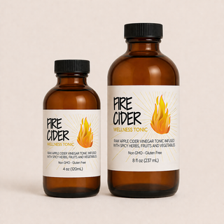 Desert Moon Botanicals Fire Cider in 4 oz and 8 oz amber bottles