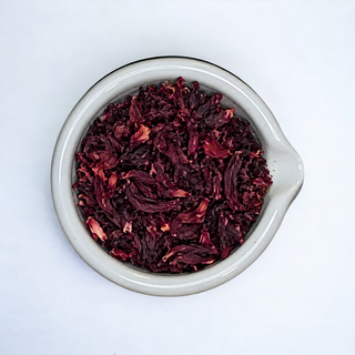 Cut and sifted red hibiscus calyces for herbal tea and iced drinks.