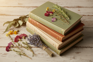 Stack of botanical books surrounded by dried flowers and herbs